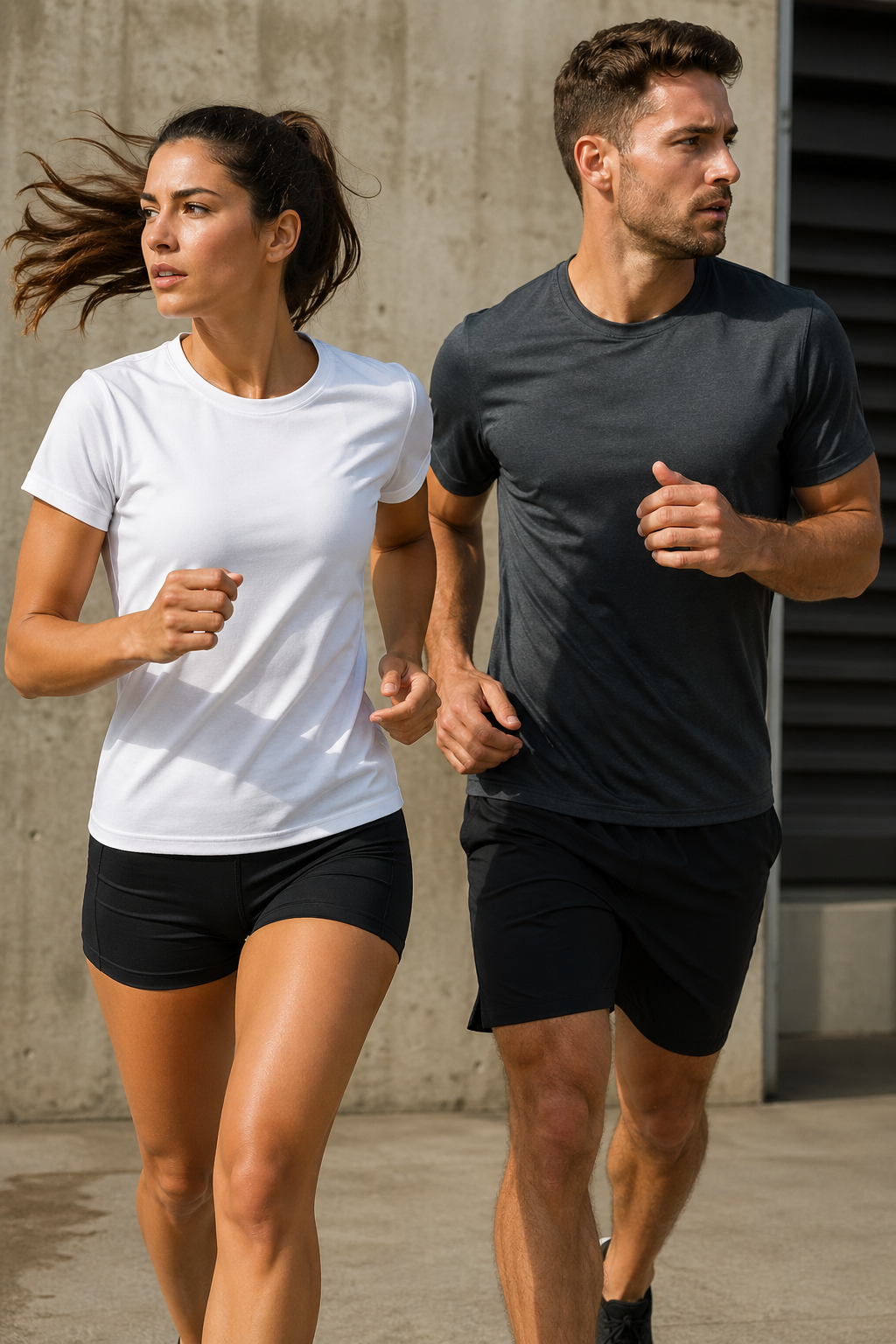 Couple running in athletic blank tees and shorts