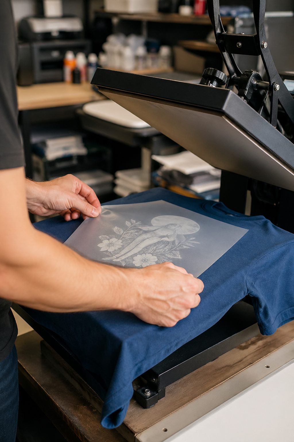 Heat press applying a DTF transfer onto a navy t-shirt