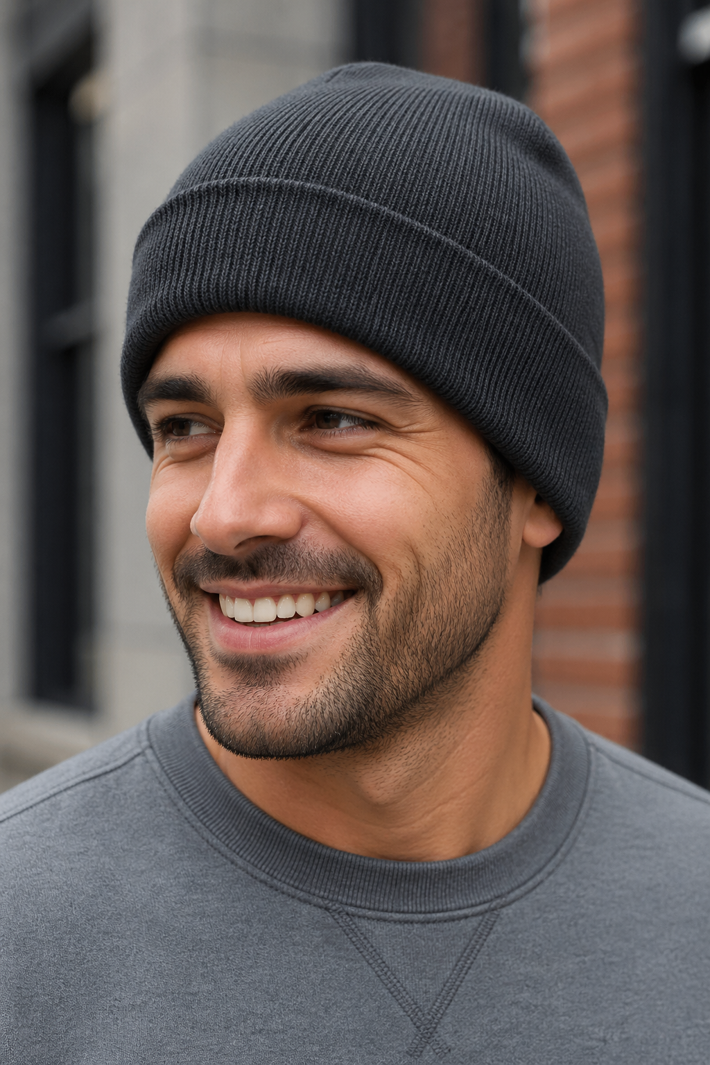 Man wearing a charcoal cuffed knit beanie