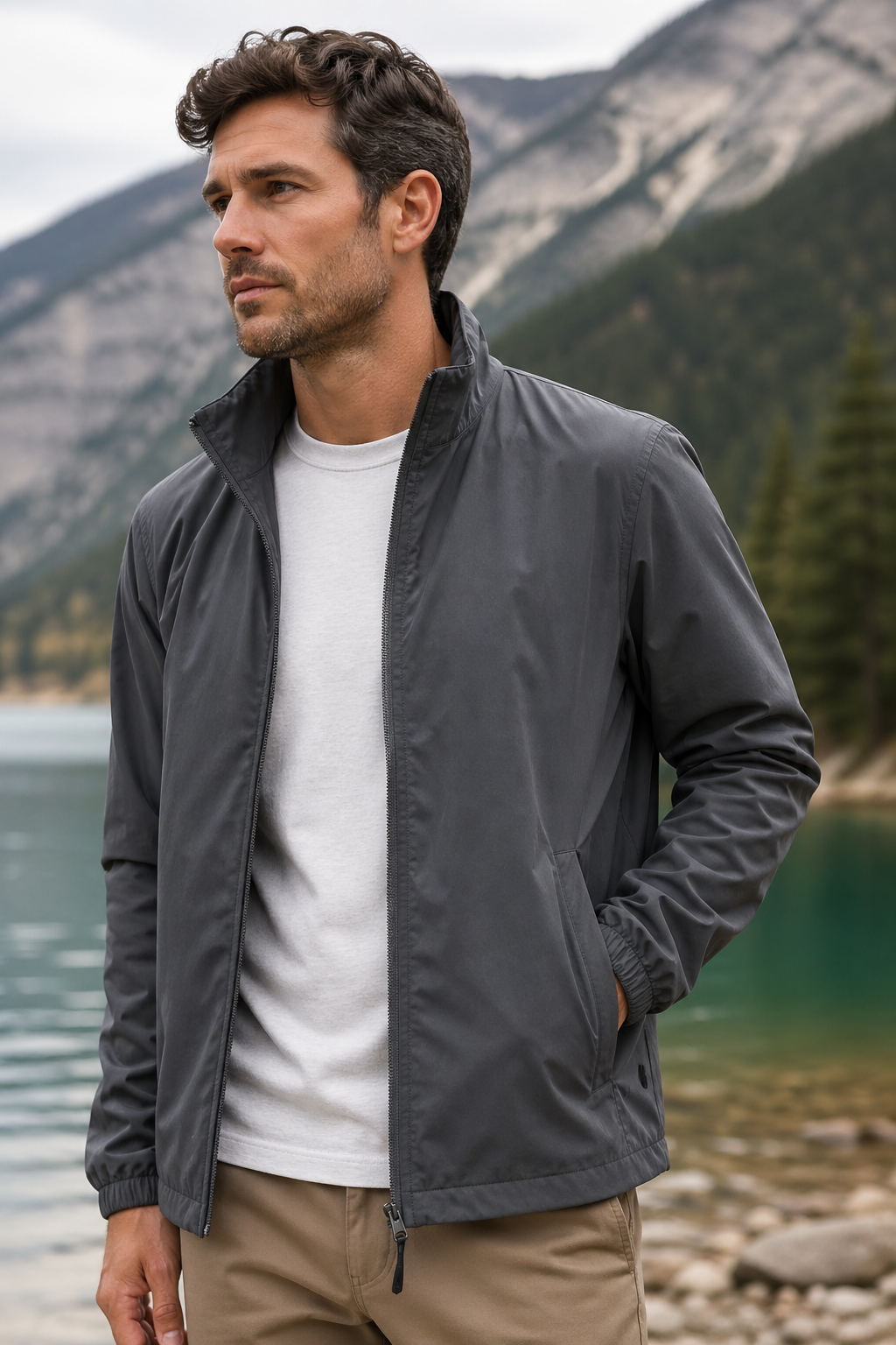Man wearing a charcoal full-zip lightweight jacket by a mountain lake
