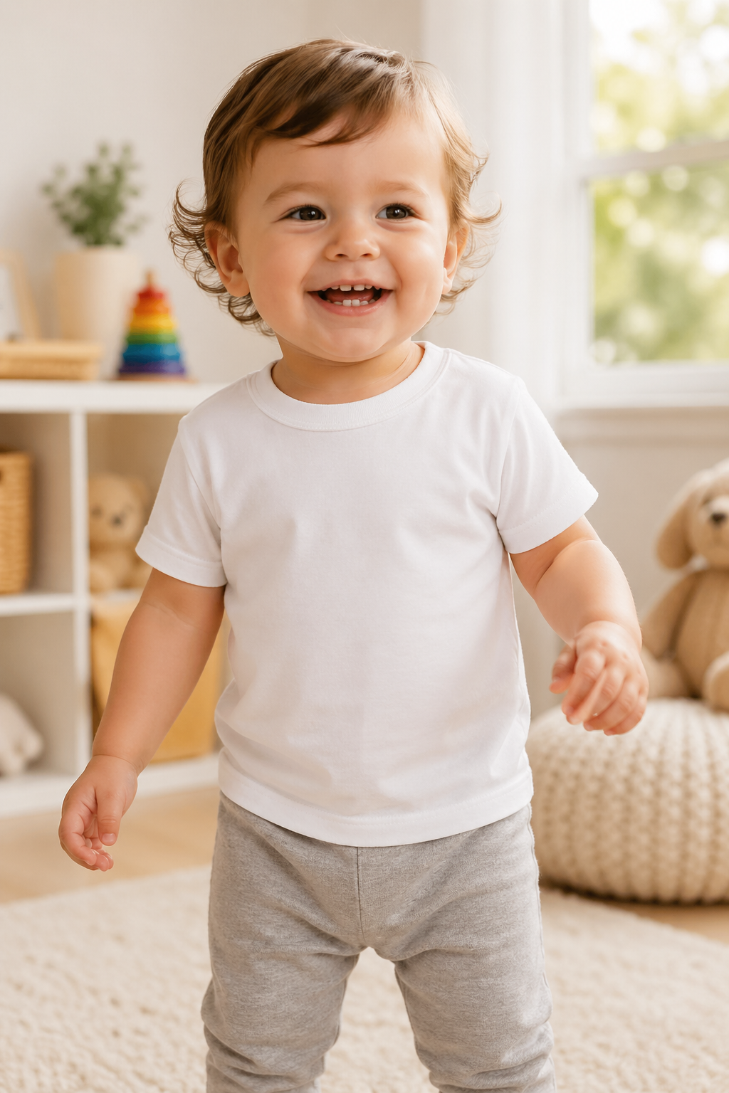 Toddler wearing a white blank short-sleeve t-shirt