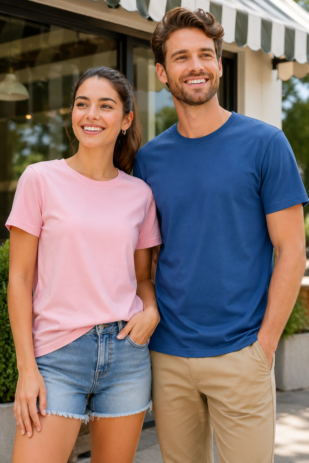 Couple wearing pink and blue blank crewneck t-shirts