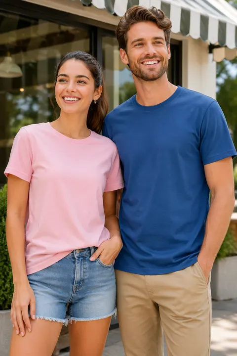 Couple wearing pink and blue blank crewneck t-shirts
